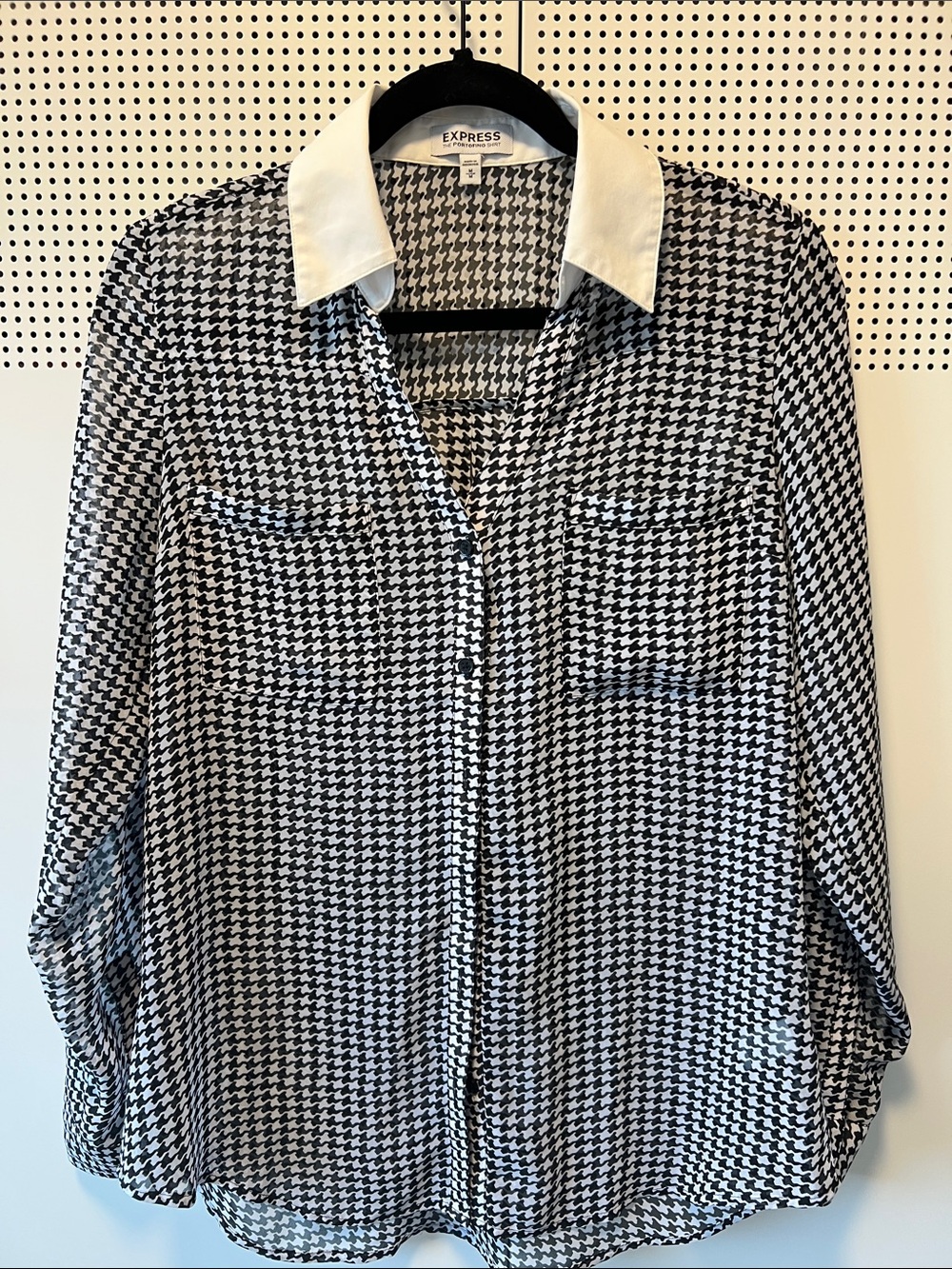 Express Sheer Black & White Houndstooth Button-Down